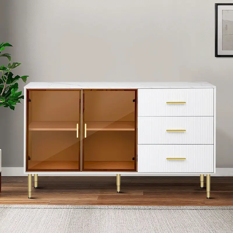 Modern Stylish Wooden Sideboard with 2 Amber-yellow Tempered Glass Doors