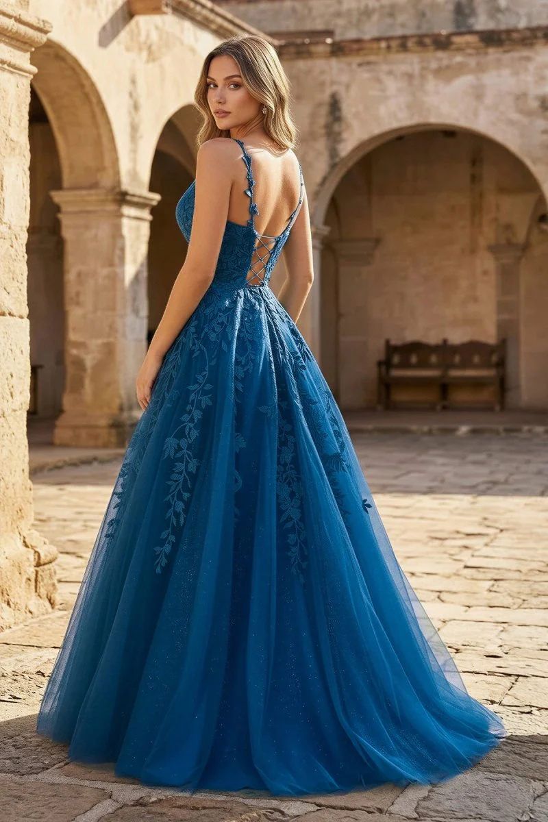 A Line Ink Blue Glitter Tulle Lace Prom Dress