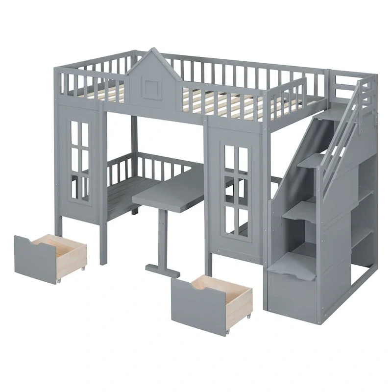 Gray Twin-Over-Twin Bunk Bed with Convertible Desk
