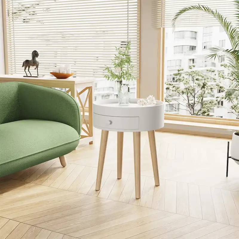 White Round Bedside Table with Drawer, Single, MDF