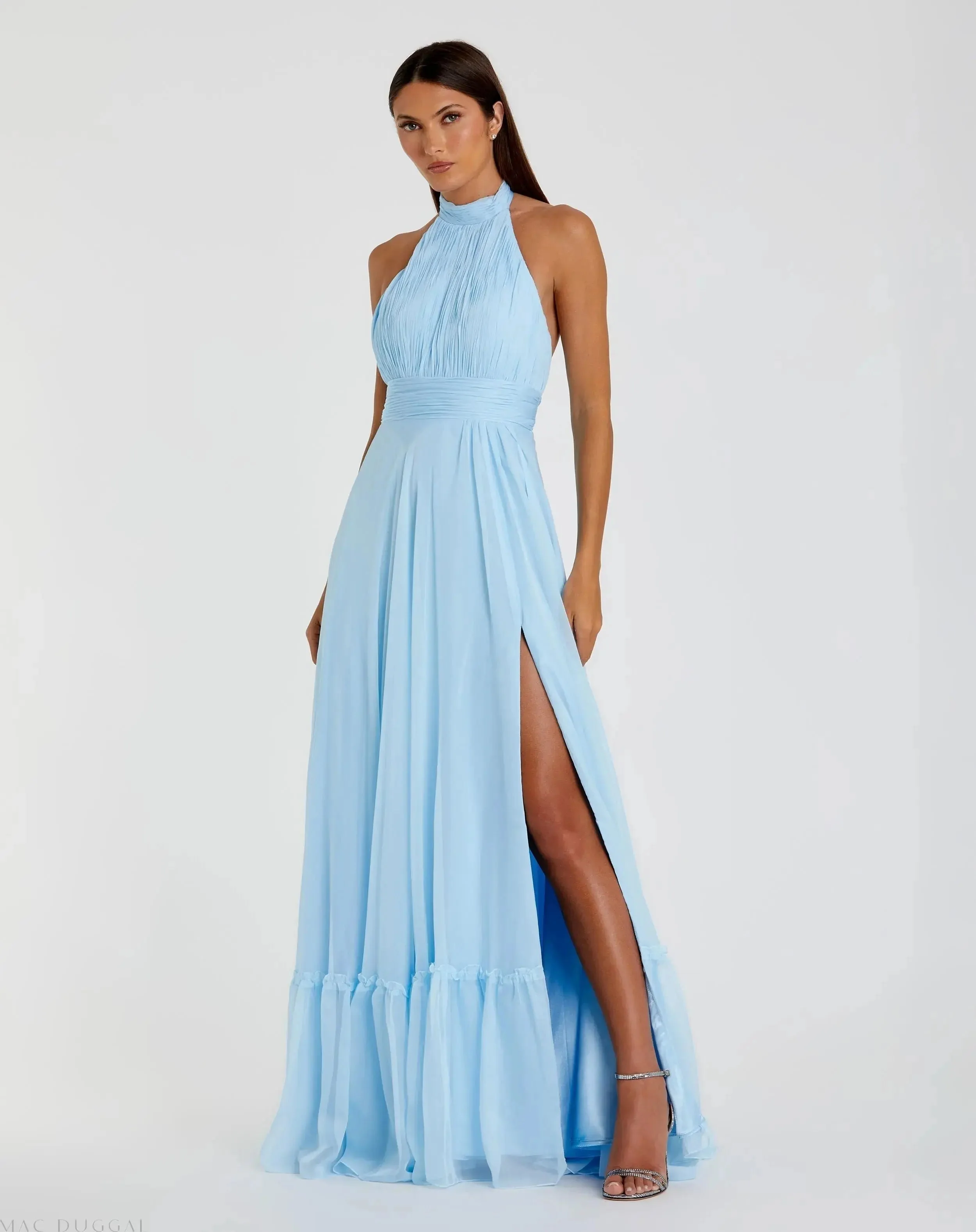 High Neck Tiered Chiffon Halter Gown