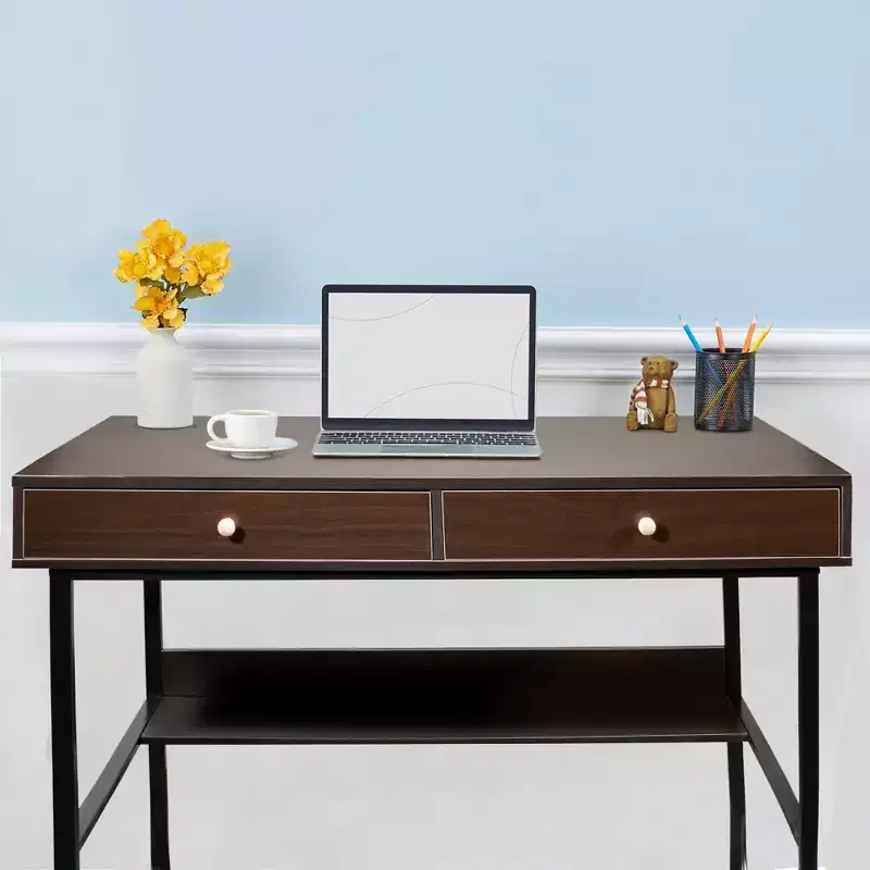 Interior Elements Simple Wooden Writing Computer Study Desk with Drawers for Home Office, Brown, 47
