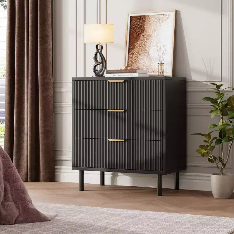 Bedside table with spacious drawers and metal legs, compact wooden nightstand/sofa table suitable for bedrooms and living rooms.