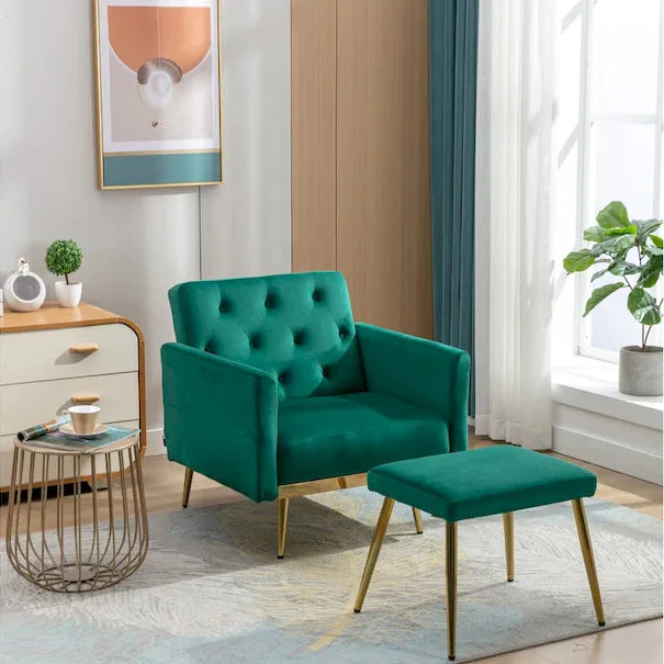 Velvet Tufted Convertible Armchair with Adjustable Backrest & Ottoman – Single