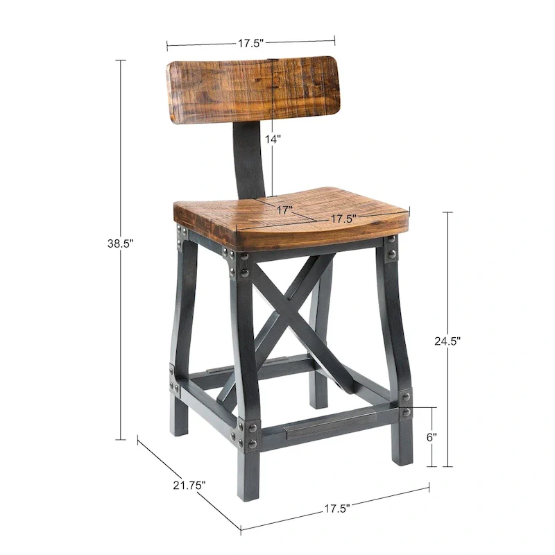 Amber/Oak Industrial Wood & Metal Counter Stool with Removable Back, 1-Person
