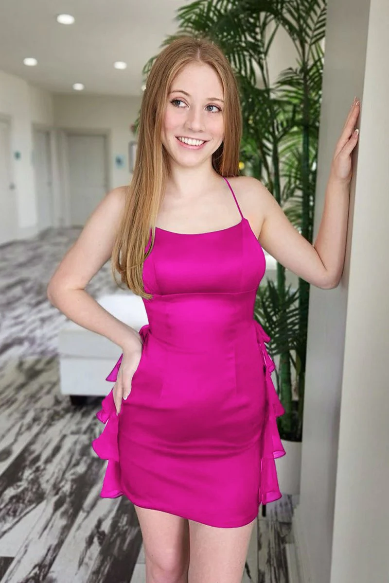 Fuchsia - Scoop Neck Satin Ruffle Short Homecoming Dress