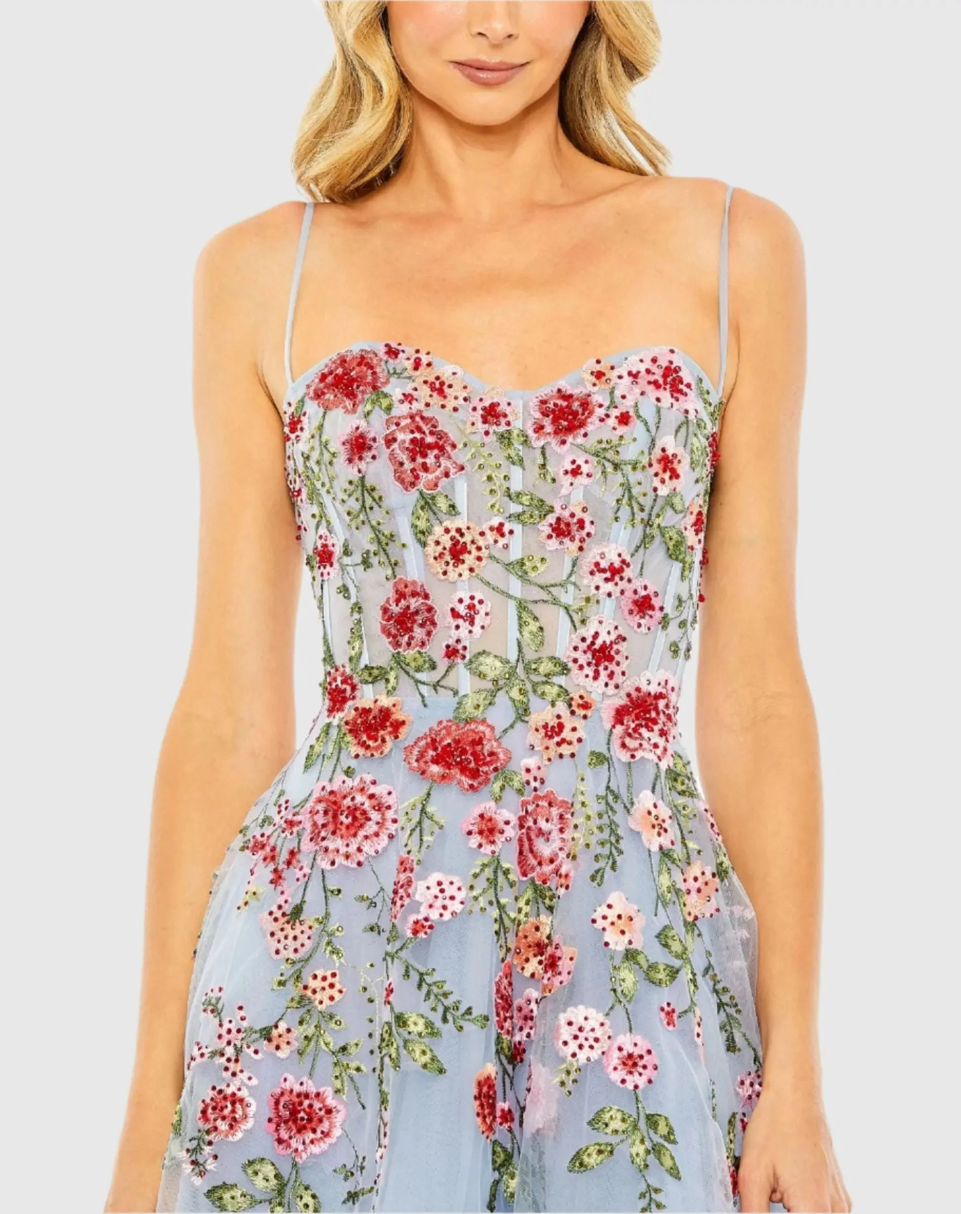 Blue Bustier Embroidered Floral A-Line Dress