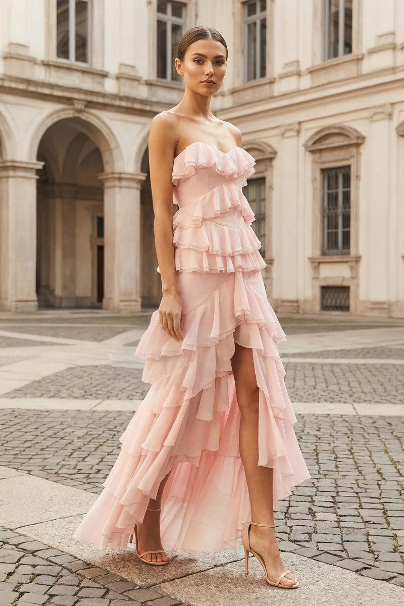 Pink Strapless Sheath Chiffon Ruffled Long Prom Dresses