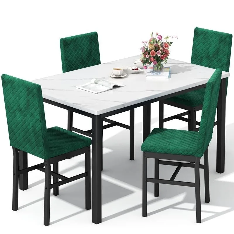 Grondin 5-Piece Dining Room Table Set with Faux Marble Table Top and Diamond Stitching Velvet Upholstery Dining Chairs