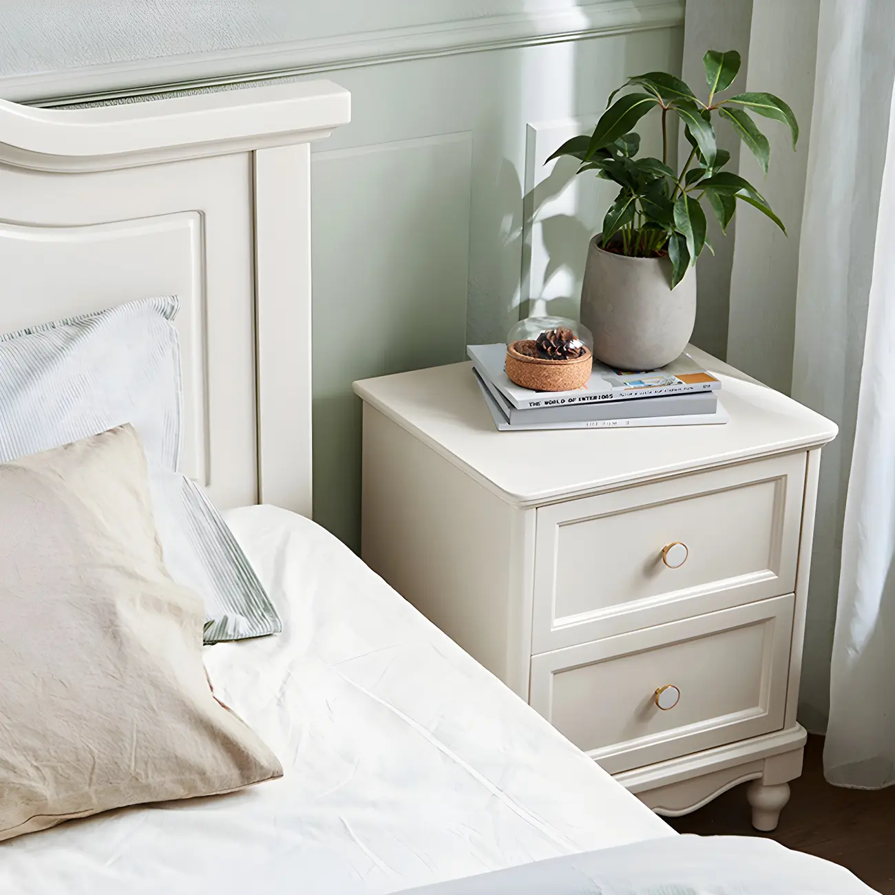 French 2-Layer White Wood Bedroom Nightstand