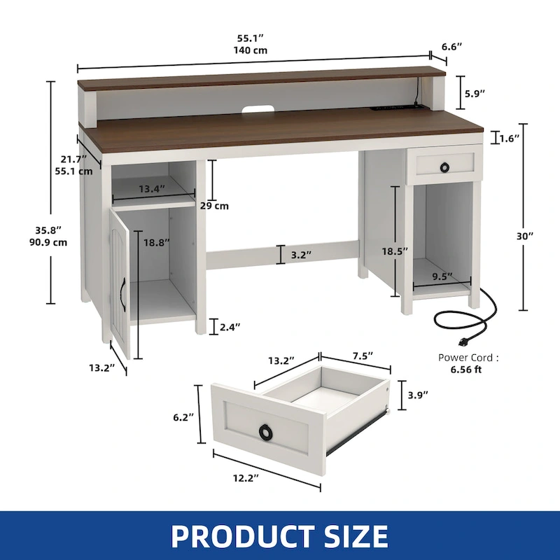 Moasis Farmhouse Wood Office Desk with Drawer and LED Strip & Power Outlets