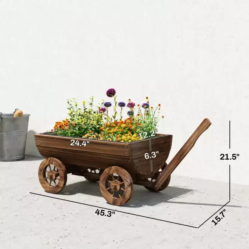 NAYSAYE Wooden Wheelbarrow Planter Mobile Garden Cart Decorative Grow Box for Flowers Plants Vegetables and Herbs, Brown, 45.3*15.7*21.5