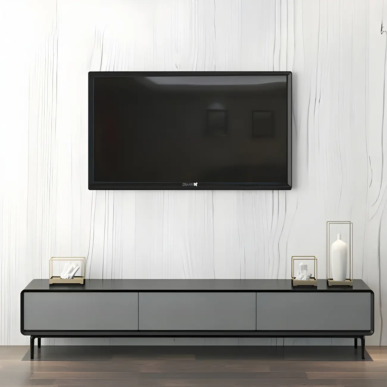 4-Drawer Elegant Grey Long Wooden TV Stand with Legs