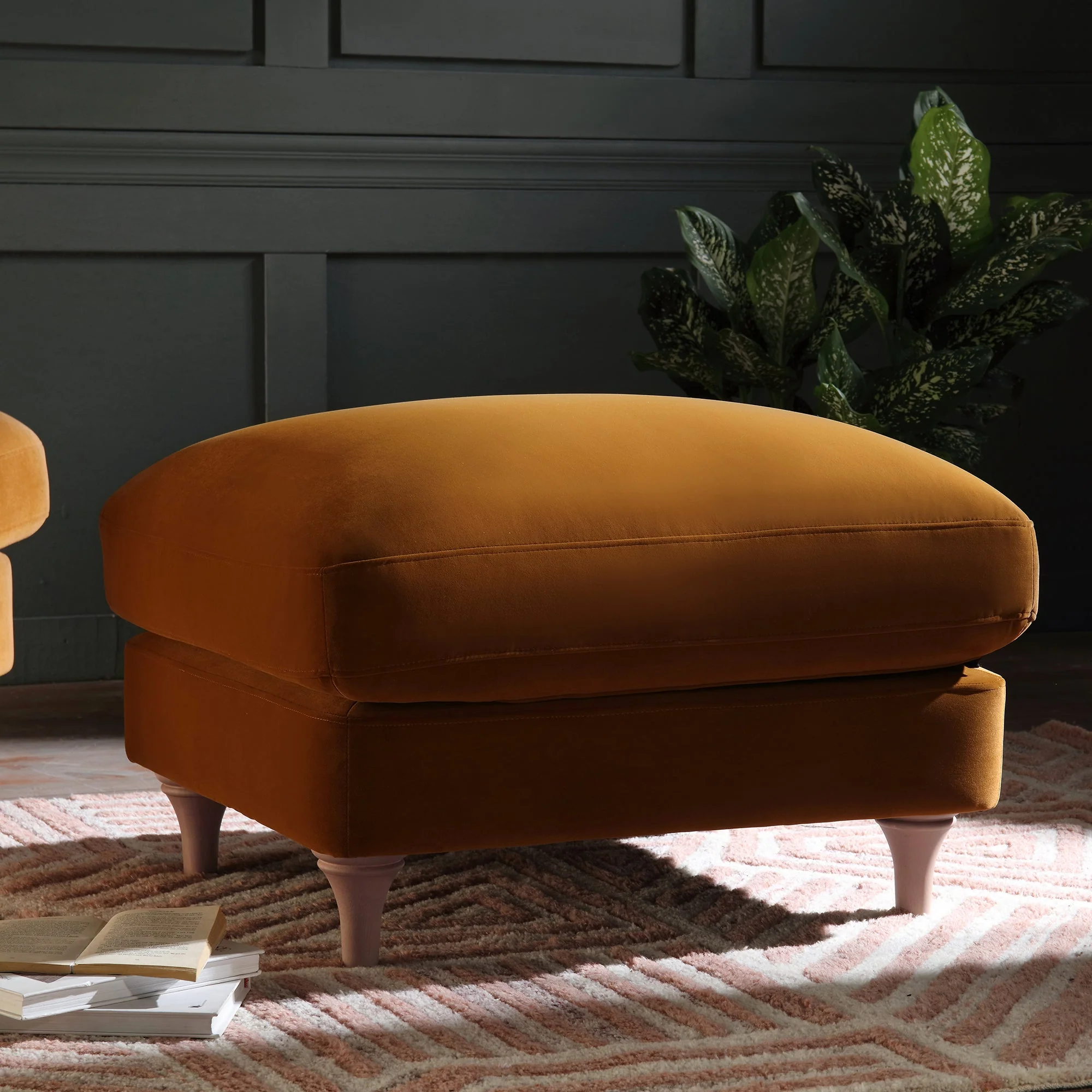 Traditional English Footstool - Cinnamon Velvet, Washed Wood Legs, Padded Seat, 31.5