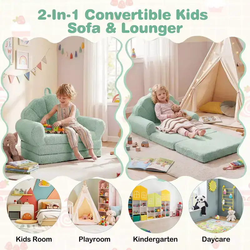 Costway Fold-out Kids Sofa 2-in-1 Convertible Toddler Couch & Lounger with Non-slip Base Beige/Green/Pink