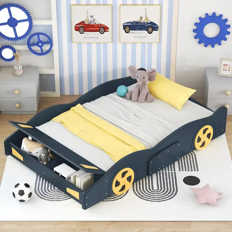Black / Dark Blue Full Size Race Car Platform Bed with Front Storage, 1-Person
