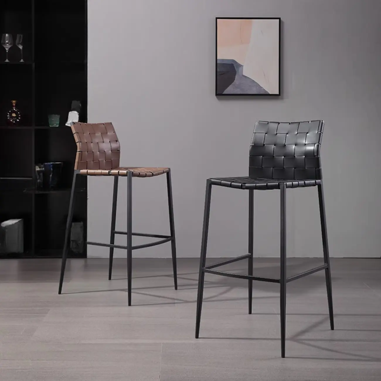 Modern Leather Seat Woven Textured Bar Stools with Back