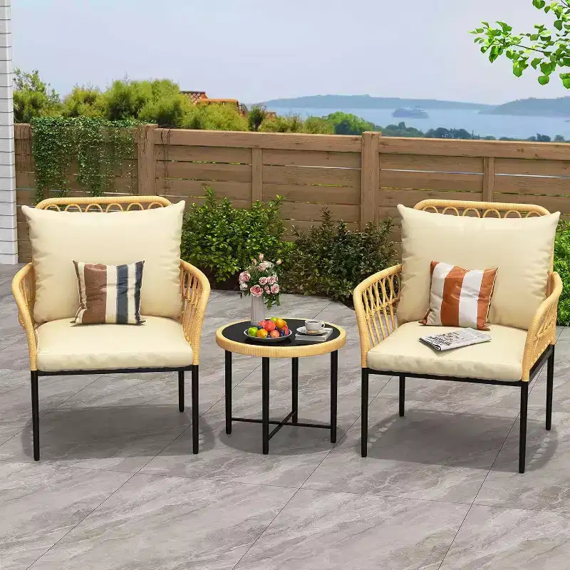 3-Piece Patio Bistro Set, All-Weather Rattan Chairs with Cushions and Glass Coffee Table, Ideal Outdoor Conversation Set for Balcony, Backyard
