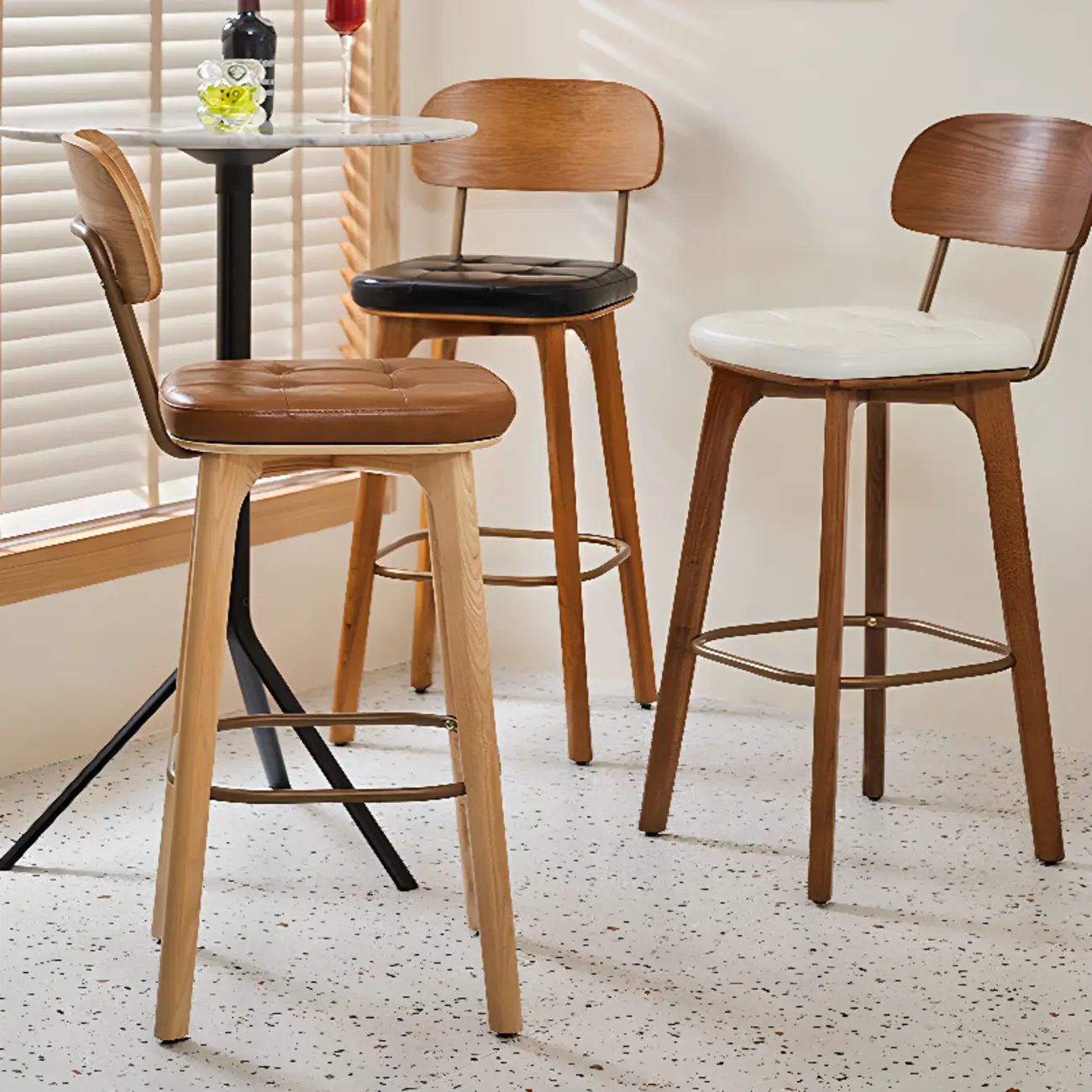 Mid-Century Modern Leather Square Bar Height Stools with Backs