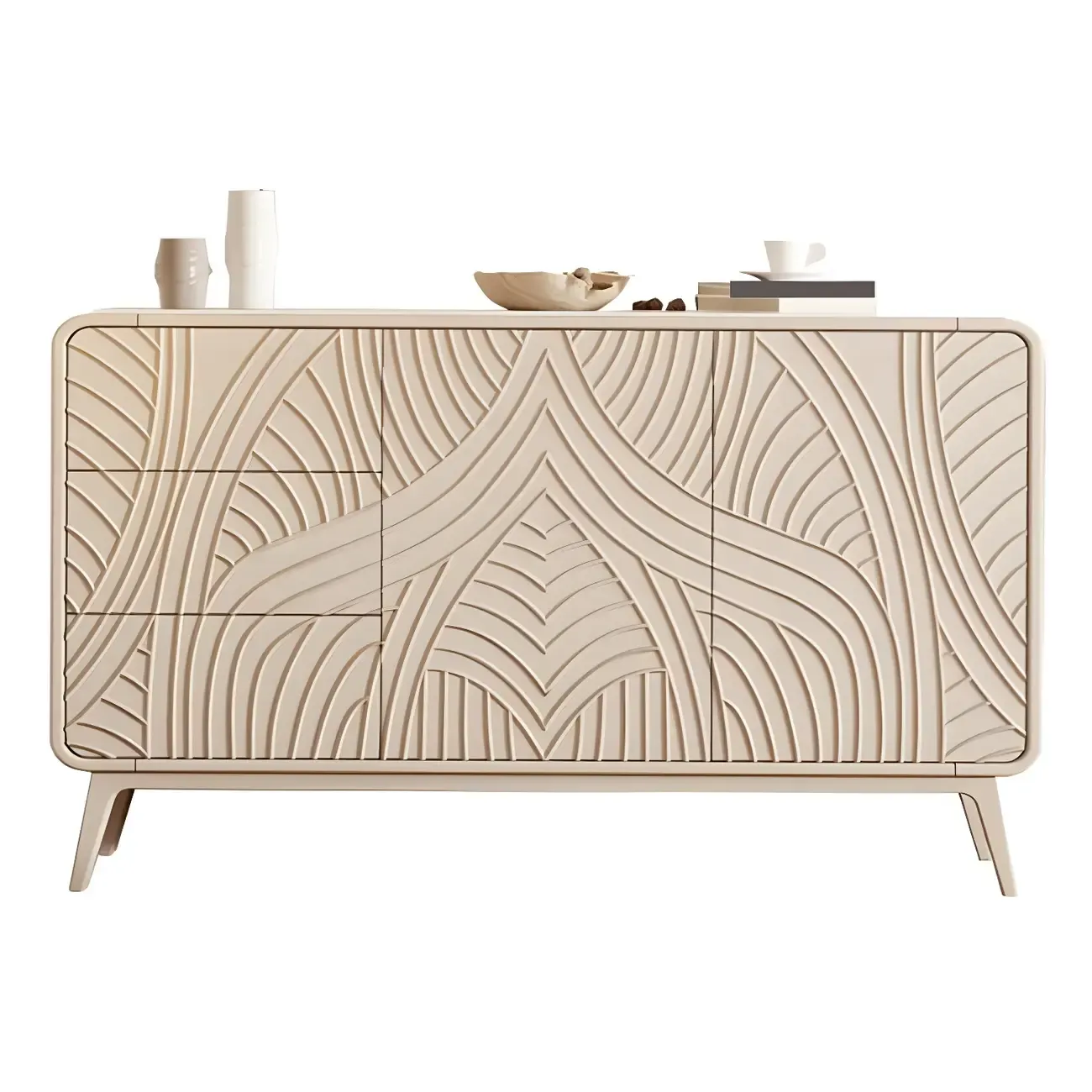 Glam White-Wood Protruding Lines Soft-Close Drawers Dresser