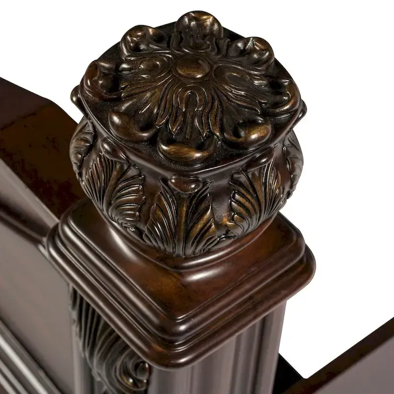 King Poster Headboard Dark Brown Cognac Finish Acanthus Leaf Carving Scrolled Metal Accent Poplar Rubberwood Birch 83.75