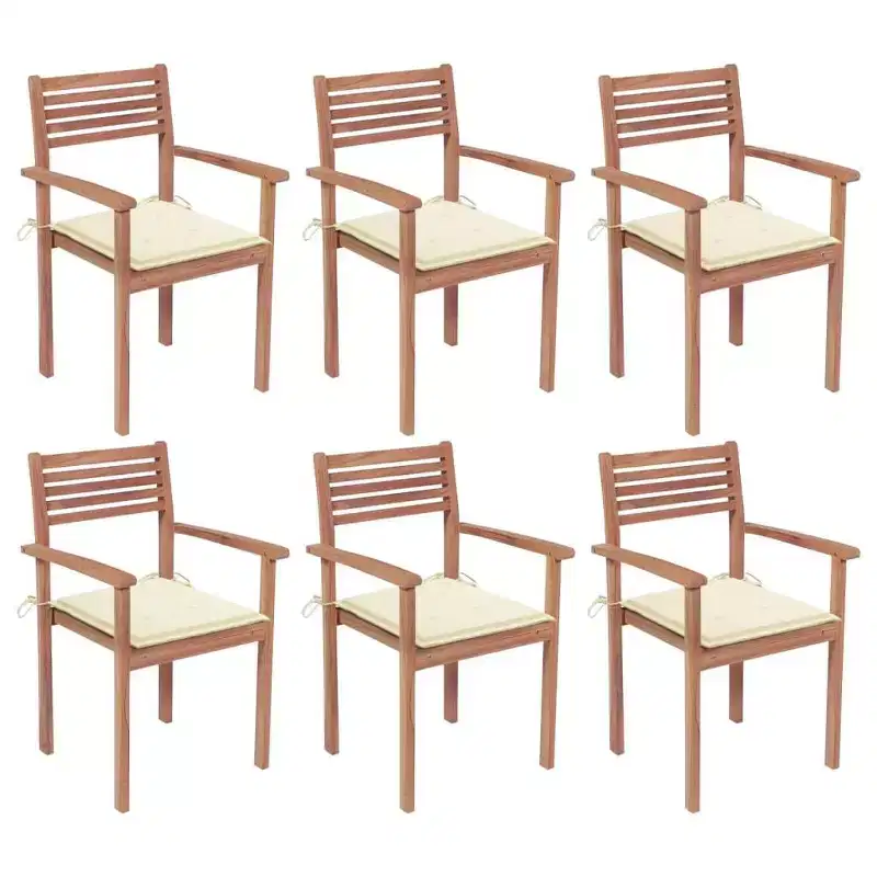 vidaXL Solid Teak Wood Stackable Patio Chairs with Cream Cushions - Set of 6 - Garden/Outdoor/Lounge Seating - Weather-Resistant Finish