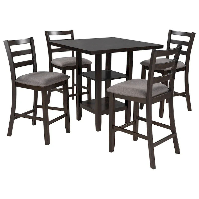5-Piece Counter Height Wooden Dining Table Set with 4 Chairs & Shelf