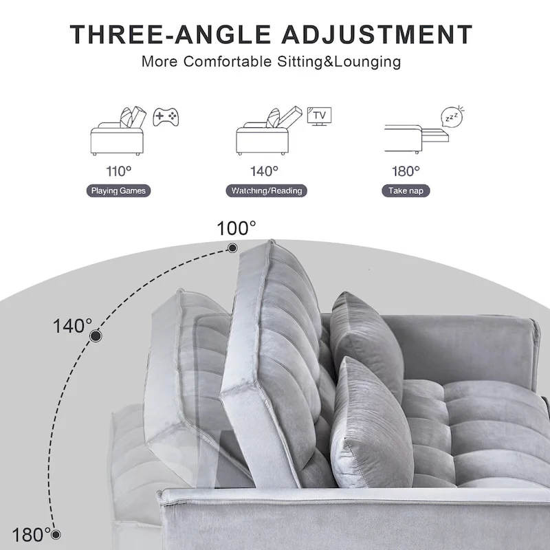 Modern Velvet Loveseat Futon Sofa Couch Pullout Bed, Small Love Seat Lounge Sofa w/Reclining Backrest, Toss Pillows, Pockets