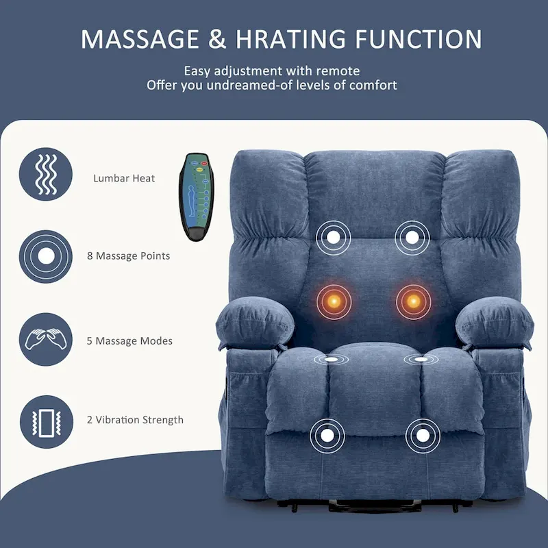 Power Lift Recliner with Heat, Massage, USB Charging – Blue