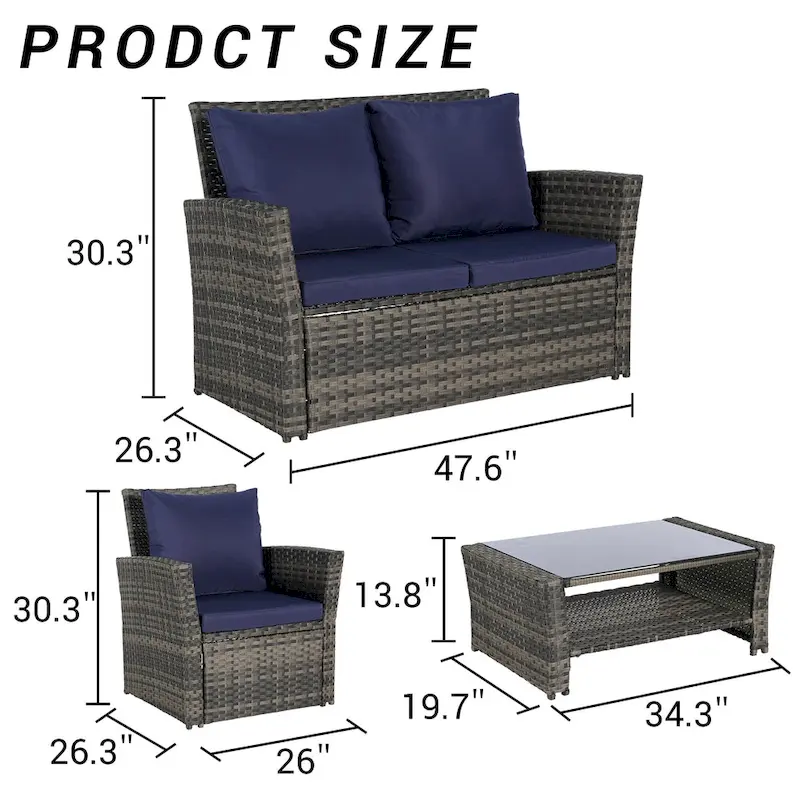 4-Piece Rattan Conversation Sofa Set with Glass Table