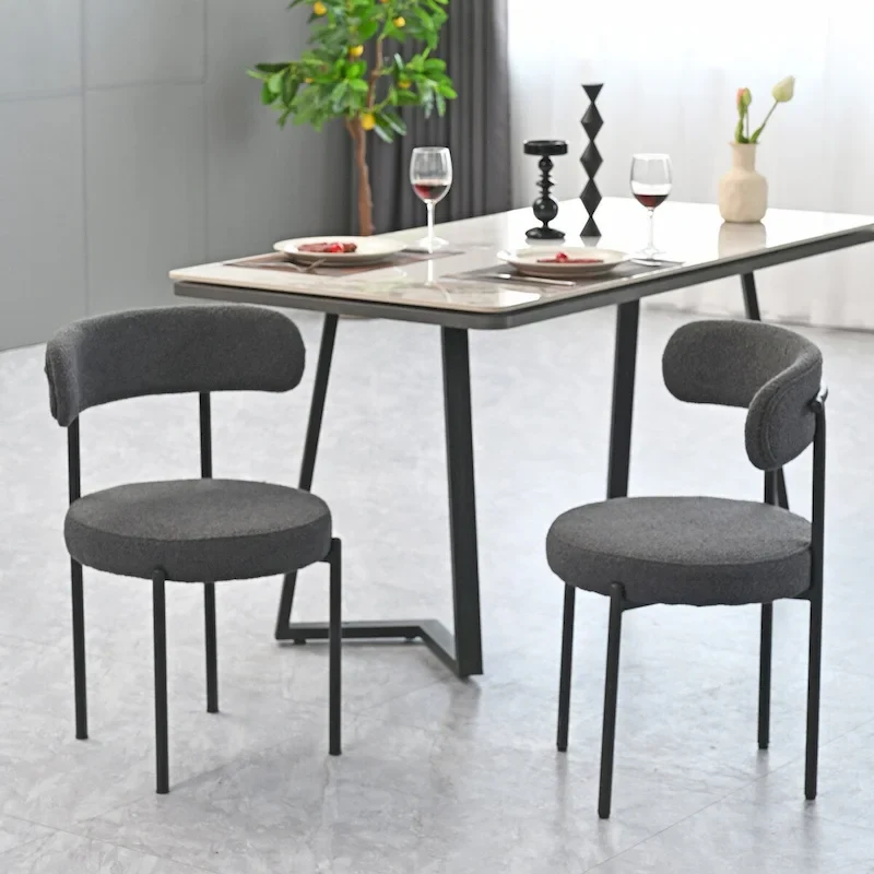 Round Upholstered Dining Chairs Set of 2 with Curved Backrest and Black Metal Legs