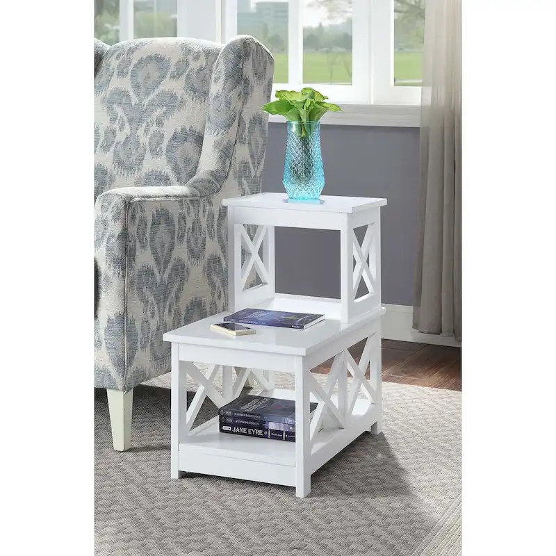 2-Tier L-Shaped End Table with X-Frame Design