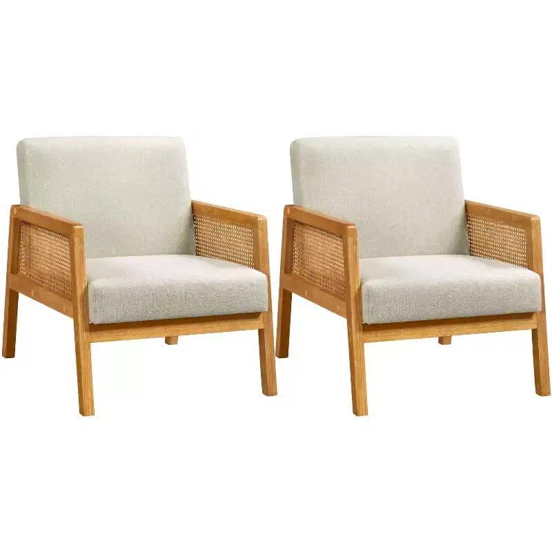 Yaheetech Set of 2 Upholstered Accent Chairs with Rattan Sides for Living Rooms, Bedrooms
