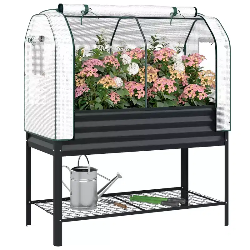 Outsunny Galvanised Raised Garden Bed with Greenhouse Cover, Metal Elevated Garden Bed with Bed Liner and Bottom Shelf