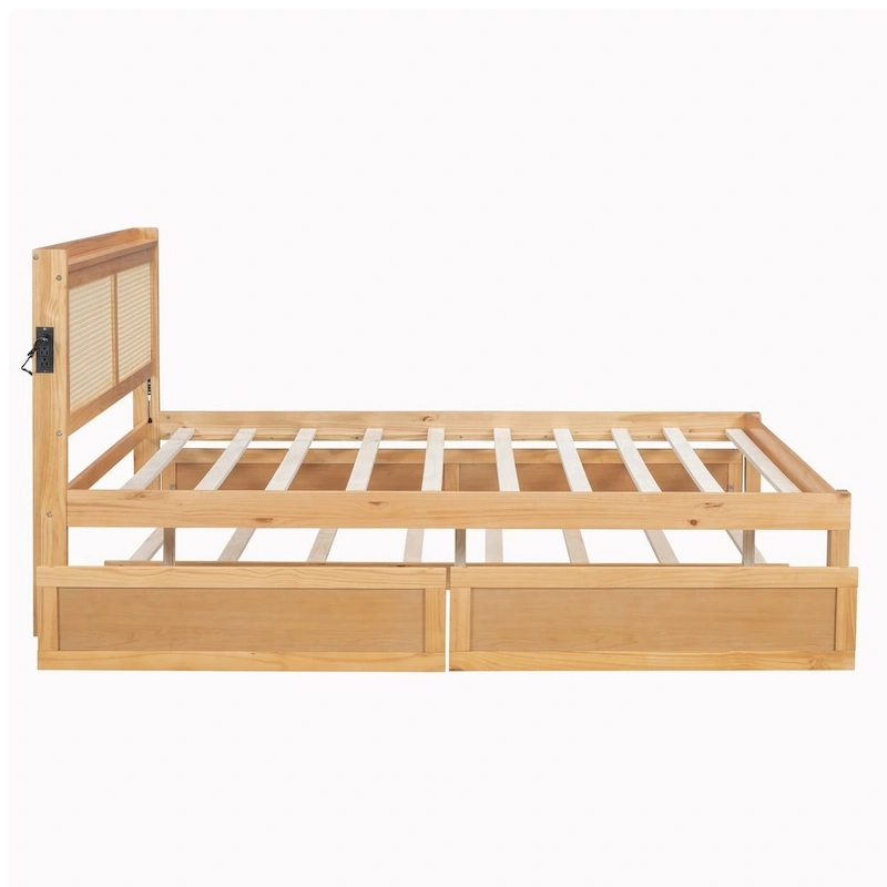 Elegant Bed Frame with Rattan Headboard and Sockets