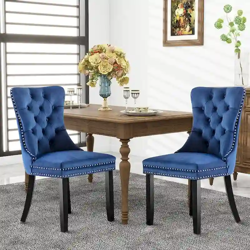 Velvet Dining Chairs, Tufted Solid Wood Armless Chairs Accent Chair with Nailhead Trim and Back Ring Pull
