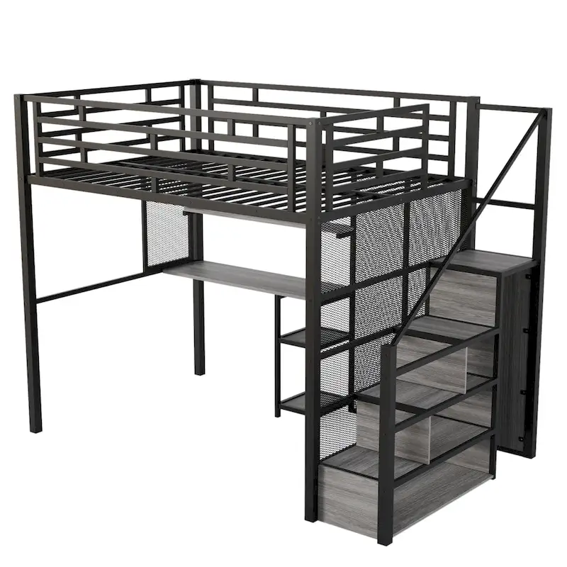 Black Full Size Metal Loft Bed with Wardrobe, Desk, and Storage Shelves