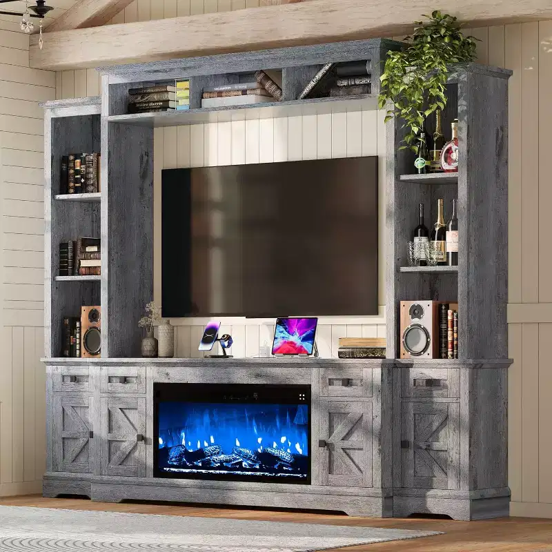 Gray & White Farmhouse Entertainment Center with Fireplace, Fits up to 78