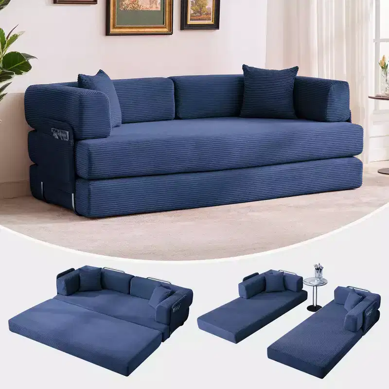 Multi-Functional Convertible Sofa Bed - 78.8'' 5-in-1 Corduroy Floor Sleeper with Adjustable Armrest & Backrest, Space-Saving Design with Pillows