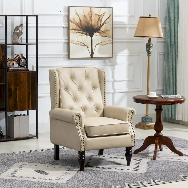 Mid-Century Velvet/Leather Upholstered Tufted Wood Frame Armchair