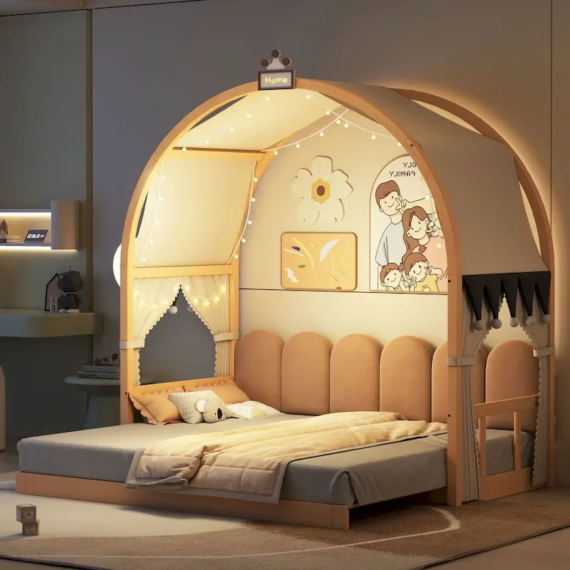 Natural/White/Gray Twin Kids Playhouse Bed, Arched Canopy Floor Bed with Tent & Whiteboard, for 1 Child