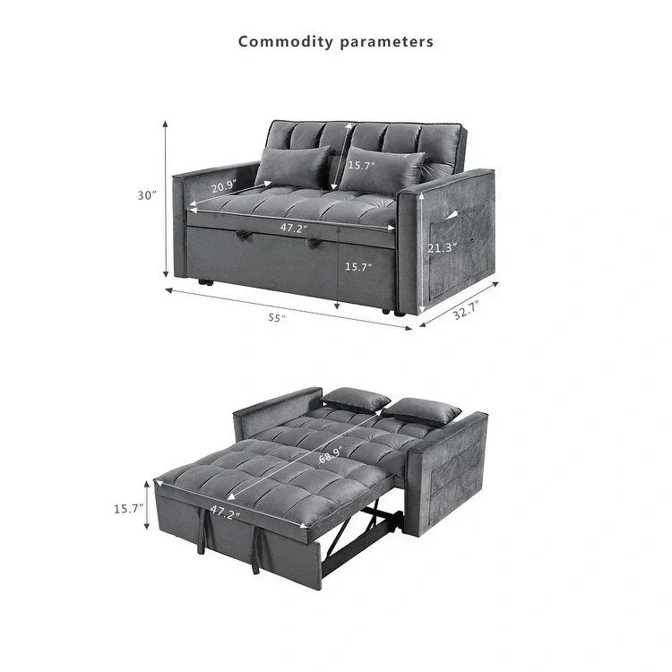 Modern Velvet Loveseat Futon Sofa Couch Pullout Bed, Small Love Seat Lounge Sofa w/Reclining Backrest, Toss Pillows, Pockets