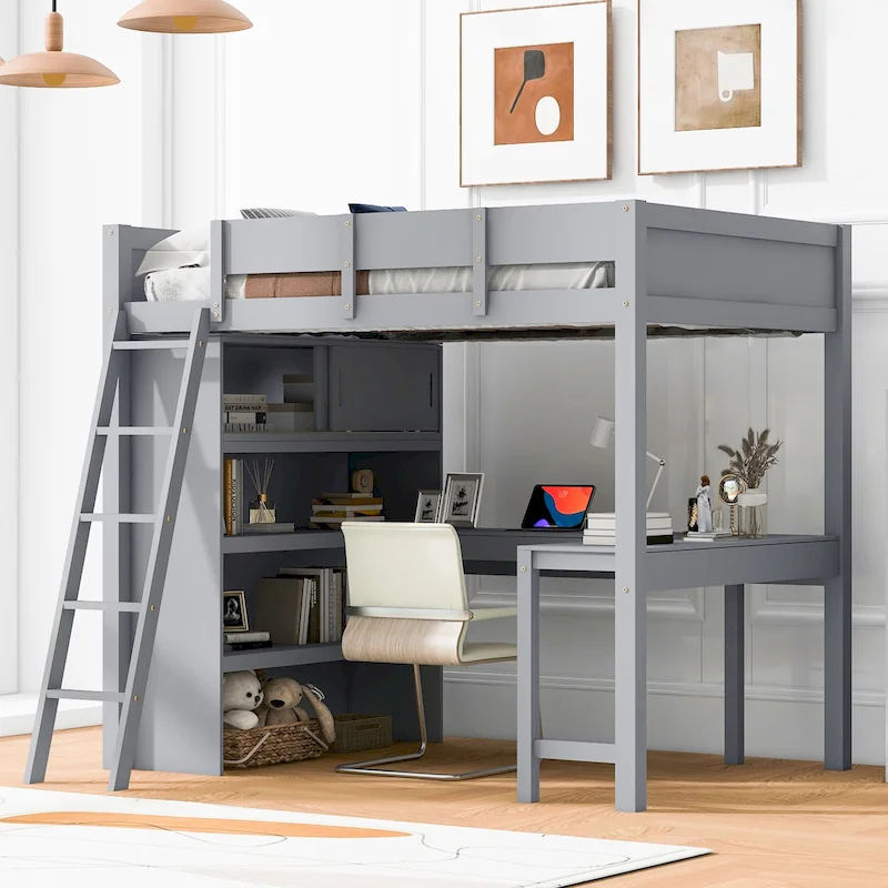 Gray / White Pine Wood Full Loft Bed with Desk, Bookshelf and Storage Shelves – 1-Person