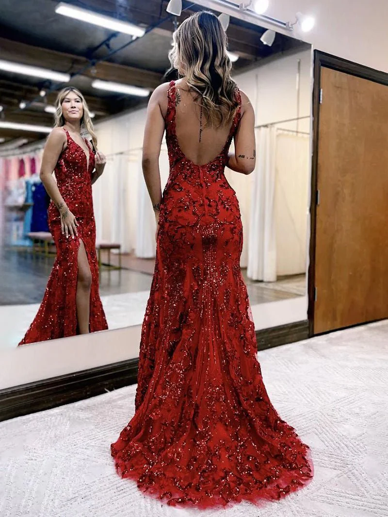 Mermaid V Neck Sequined Lace Prom Dress with Slit