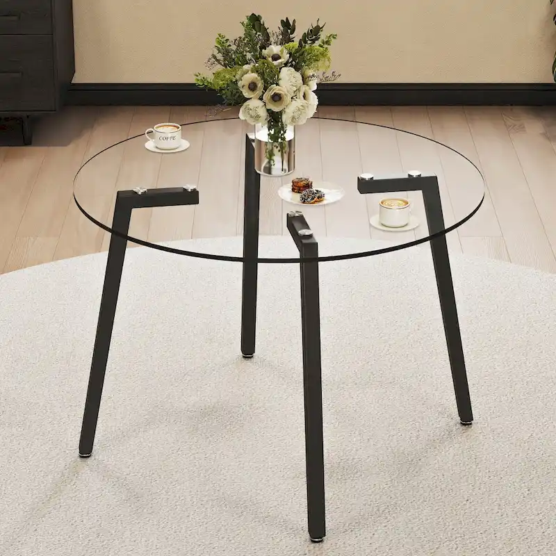 Round Transparent Tempered Glass Table, Tempered Glass Table Top, Black Metal Legs, For Kitchen Living Room, 42 *42 *29.5
