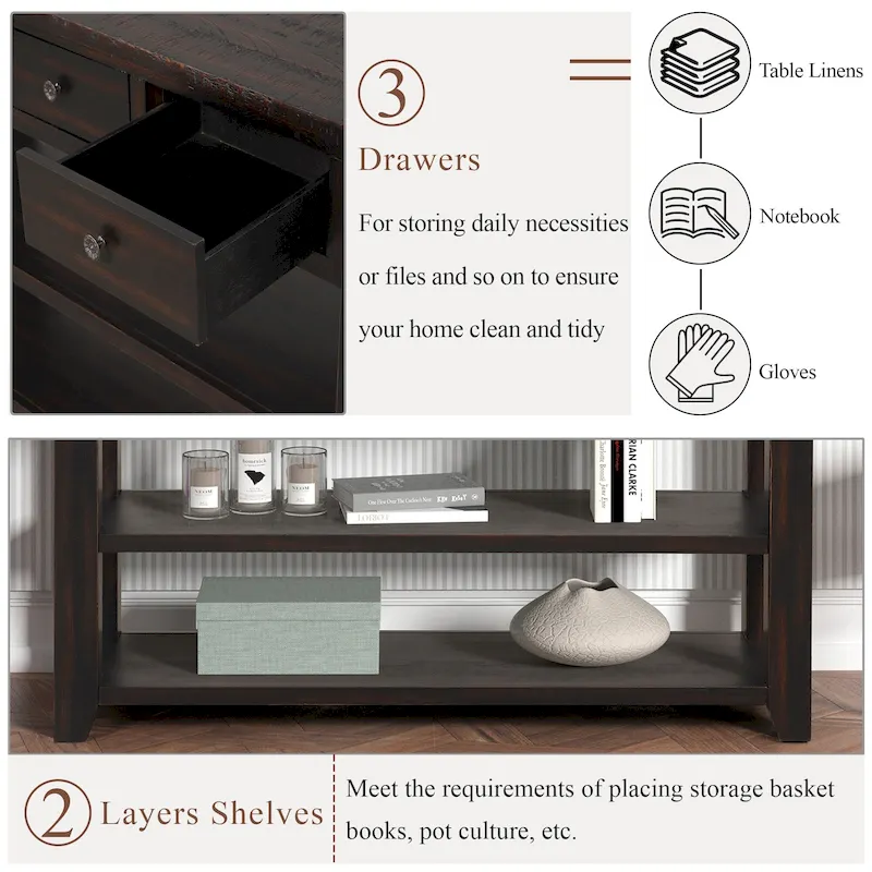 Modern Solid Pine Wood Top Console Table with 3 Drawers and 2 Shelves