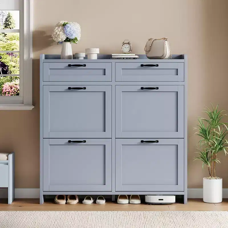 Blue Freestanding Shoe Cabinet with 4 Flip Drawers, Holds 26 Pairs