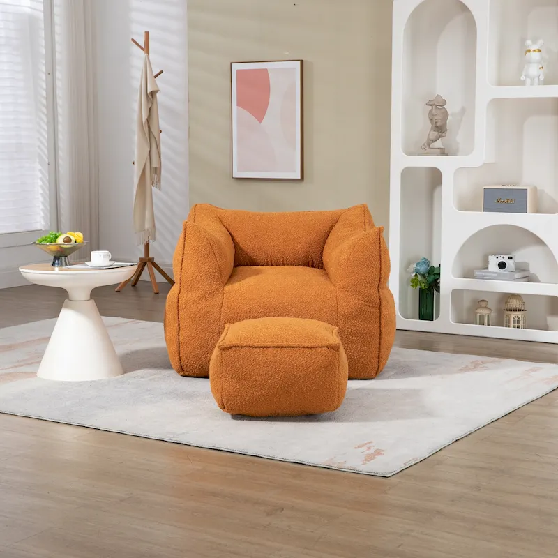 Boucle Upholstered Deep Seat Armless Square Bean Bag Chair with Ottoman