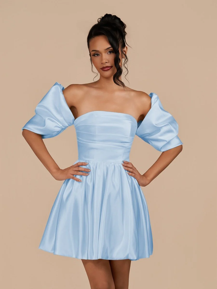 Sky Blue - A Line Satin Strapless Puffed Sleeves Short Homecoming Dresses