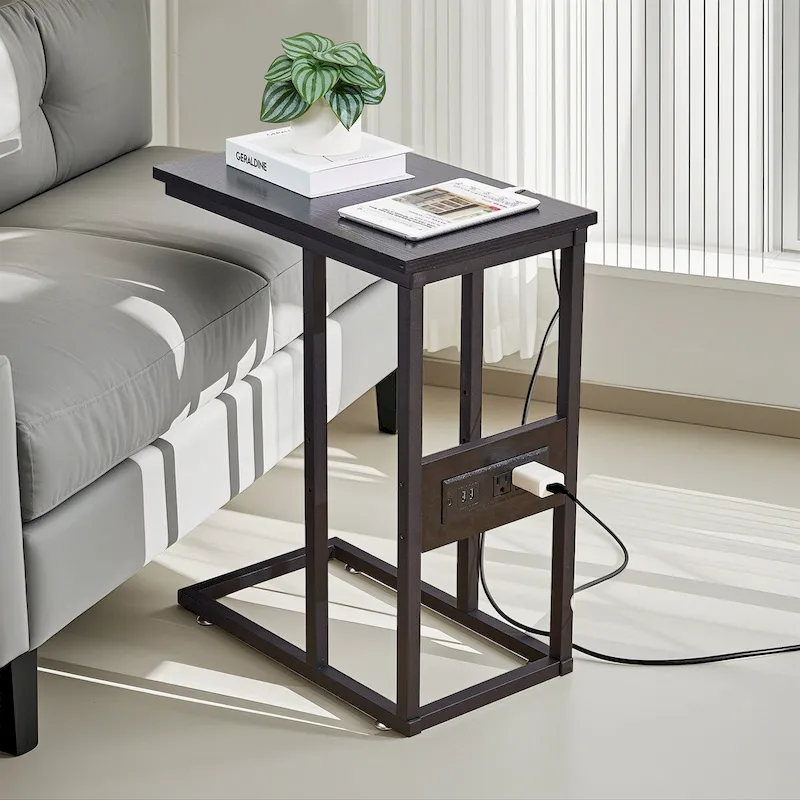 Black C-Shaped Side Table with USB Charging Station